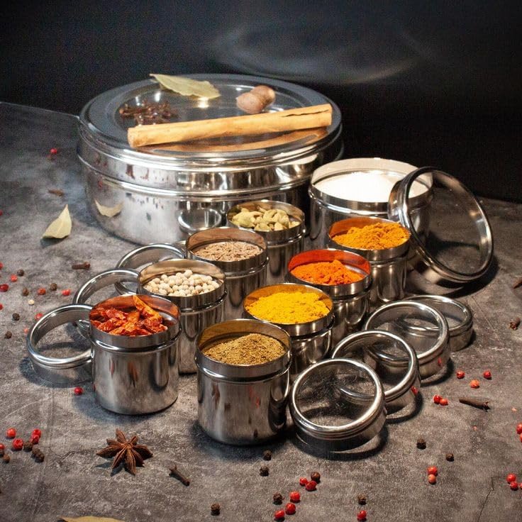 GANGAMETAL Stainless Steel 9 IN 1 Spice Box Masala Dabba For Kitchen Steel Masala Box For Kitchen Steel Masala Dani For Kitchen See Through Lid 9 Containers with 9 Spoon Silver - Image 4