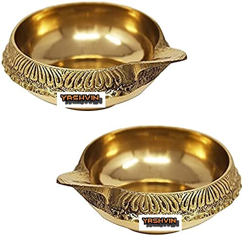 Yashvin Balaji e Retail Pure Brass Diya Set of 2 for Puja Handmade Brass Kuber Diya/Pital Jyot Diva/Pooja Deepak/Table Diya on Tortoise - Unique Design, Home Decorative Oil Lamp for Puja, Diwali - Image 1