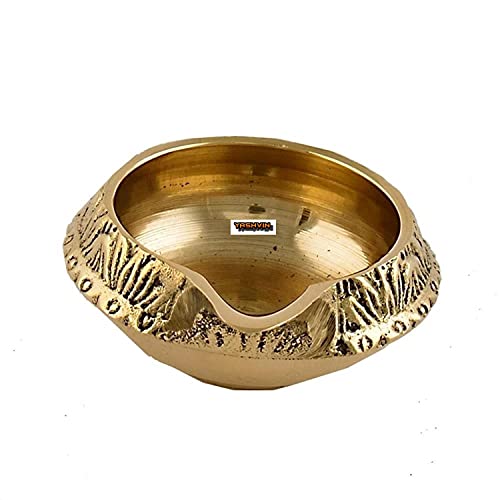 Yashvin Balaji e Retail Pure Brass Diya Set of 2 for Puja Handmade Brass Kuber Diya/Pital Jyot Diva/Pooja Deepak/Table Diya on Tortoise - Unique Design, Home Decorative Oil Lamp for Puja, Diwali - Image 2