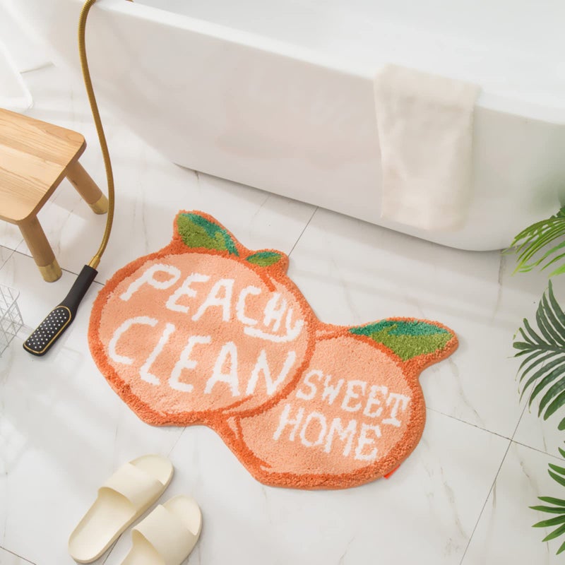 Ukeler Non Slip Bath Rug for Kids Coral Pink Peach Shape Bathroom Decor Absorbent Shaggy Bath Mat Non Skid Doormats for Kids Bedroom Washable Small Toilet Rug 315x197