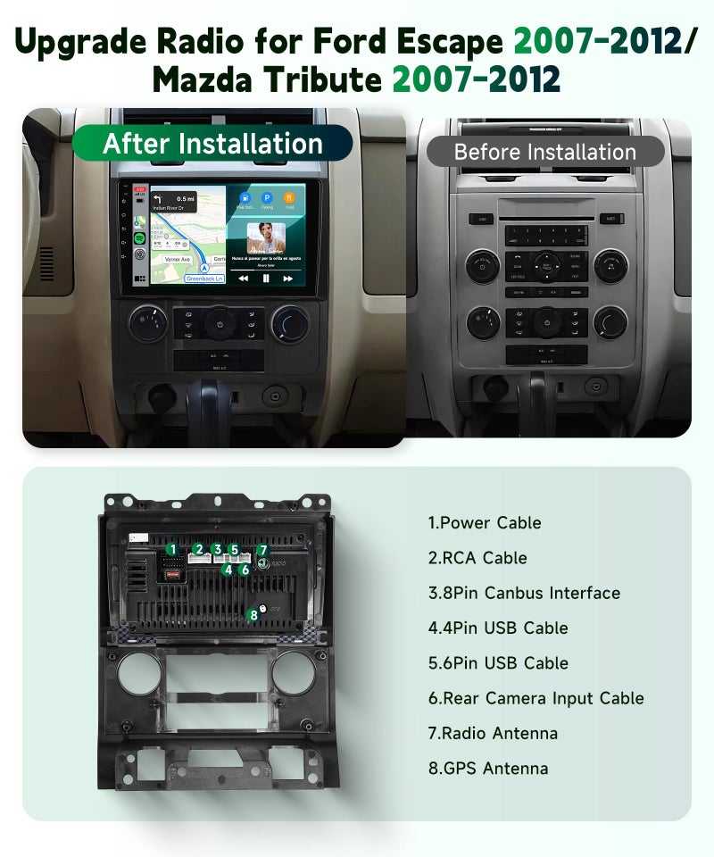 Sellrich 4 Core+64G Android Car Stereo for Ford Escape/Mazda Tribute 2007-2012 with DSP/Wireless Carplay/Android Auto, Sellrich 9" IPS Touchscreen Radio with GPS WiFi Bluetooth FM/RDS SWC Backup Camera - Image 2