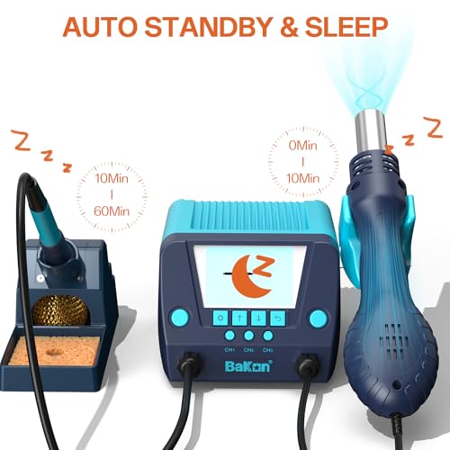BAKON 882 2-In-1 Digital Soldering Hot Air Rework Station Kit with 3 Preset Channels,Auto Sleep Solder Iron, °C/°F Conversion,Solder Wire, Tips,Tweezers, Nozzles,Solder Sucker - Image 3