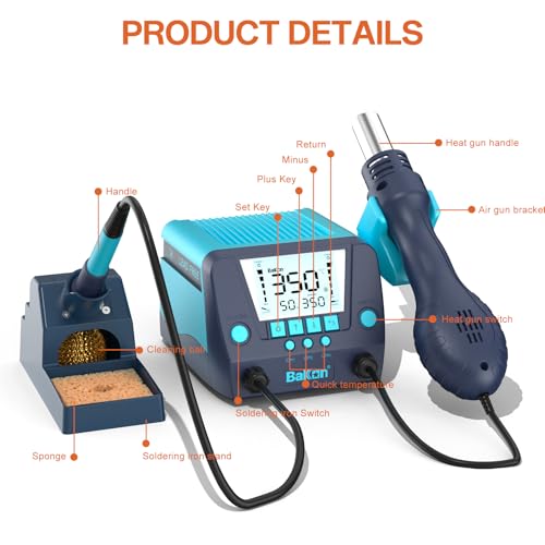 BAKON 882 2-In-1 Digital Soldering Hot Air Rework Station Kit with 3 Preset Channels,Auto Sleep Solder Iron, °C/°F Conversion,Solder Wire, Tips,Tweezers, Nozzles,Solder Sucker - Image 5