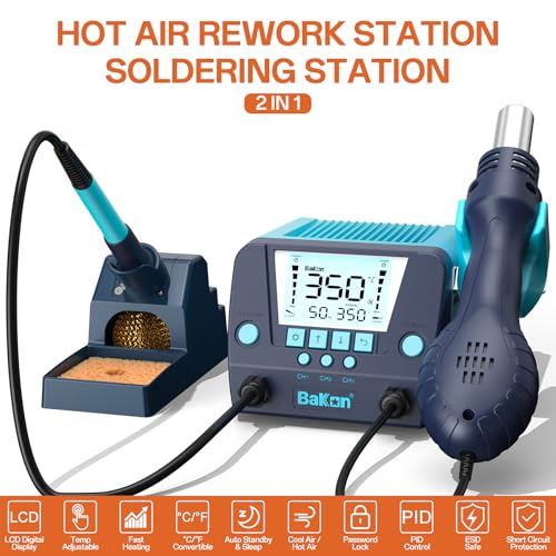 BAKON 882 2-In-1 Digital Soldering Hot Air Rework Station Kit with 3 Preset Channels,Auto Sleep Solder Iron, °C/°F Conversion,Solder Wire, Tips,Tweezers, Nozzles,Solder Sucker - Image 2