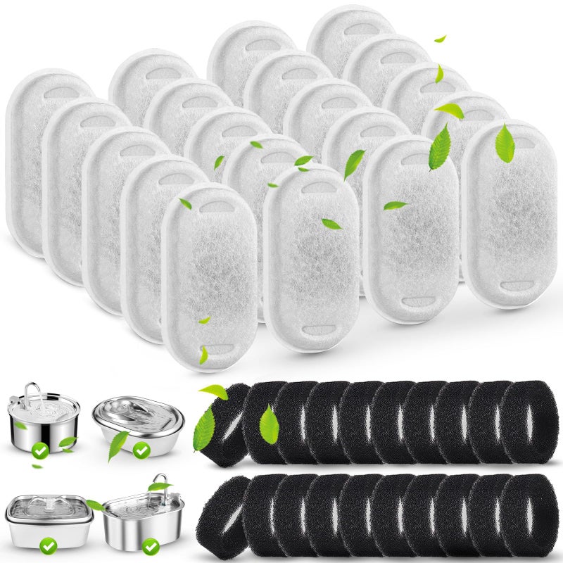 SORON Cat Water Fountain Filters for 67oz/2L and 108/3.2L Stainless Steel Pet Fountain Replacement Filters, 20 Dog Water Bowl Dispenser Filter Replacement with 20 Sponges, Easy to Install and Clean - Image 1