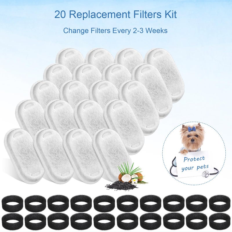 SORON Cat Water Fountain Filters for 67oz/2L and 108/3.2L Stainless Steel Pet Fountain Replacement Filters, 20 Dog Water Bowl Dispenser Filter Replacement with 20 Sponges, Easy to Install and Clean - Image 4
