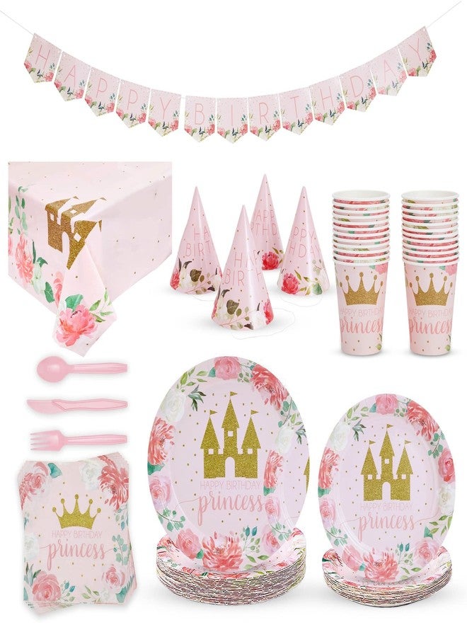 BLUE PANDA Princess Decorations for Birthday Party Kit - 194-Piece Pink Floral & Gold Castle Theme - Plates & Napkins, Cups & Cutlery, Banner, Tablecloth & Hats - Princess & Tea Party Decorations - Image 4
