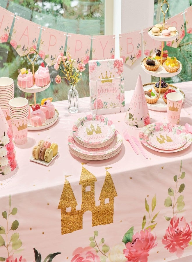 BLUE PANDA Princess Decorations for Birthday Party Kit - 194-Piece Pink Floral & Gold Castle Theme - Plates & Napkins, Cups & Cutlery, Banner, Tablecloth & Hats - Princess & Tea Party Decorations - Image 2