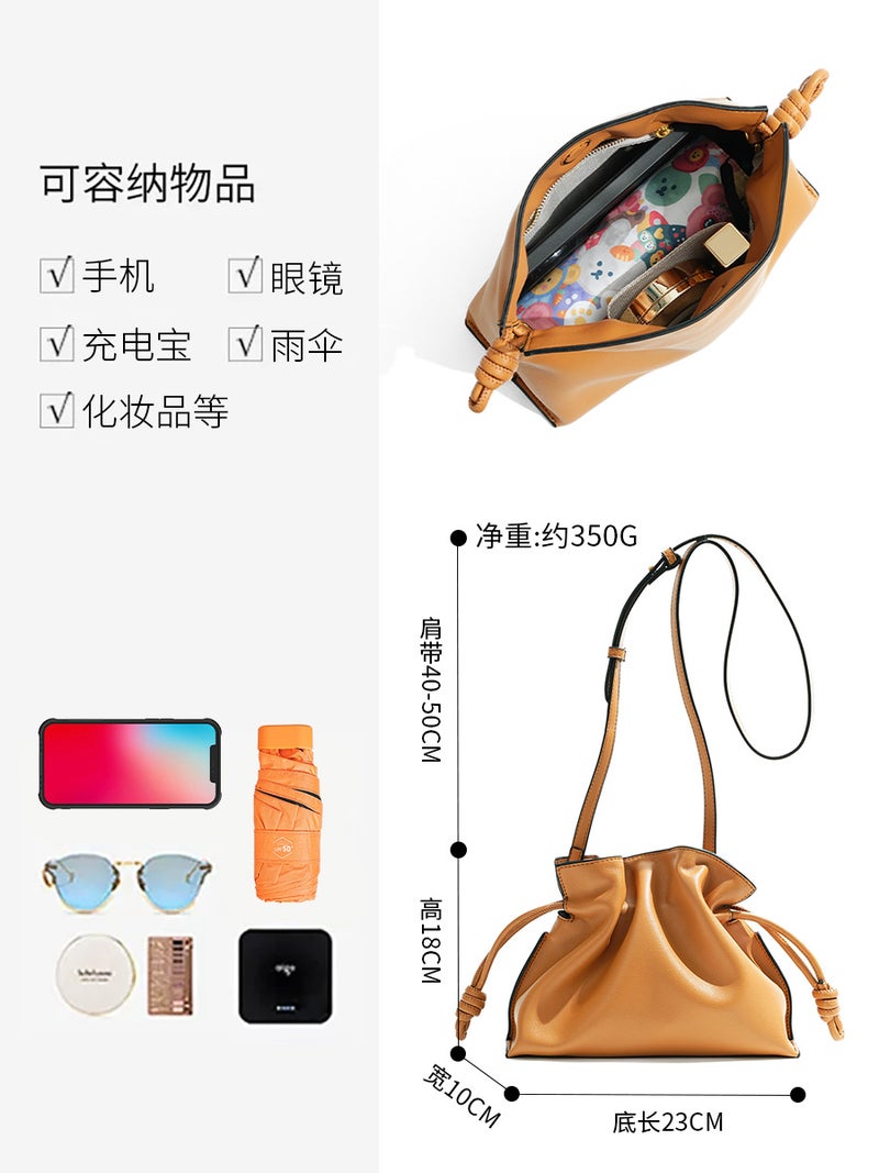 Classic Flamenco Cowhide Drawstring Cloud Bag – Small Women's Crossbody Bucket Bag - Image 5