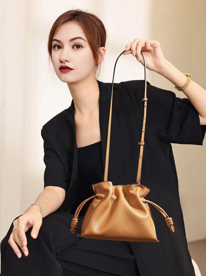 Classic Flamenco Cowhide Drawstring Cloud Bag – Small Women's Crossbody Bucket Bag - Image 3