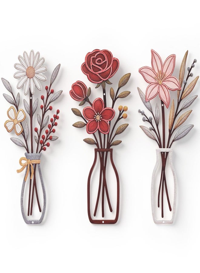 Pelopy 3 Piece Metal Flower Wall Art Rustic Farmhouse Floral Decor for Living Room, Bedroom, Bathroom, Dining Room Boho Modern Minimalist Wall Hanging Sculptures Gifts Decoration - Image 1