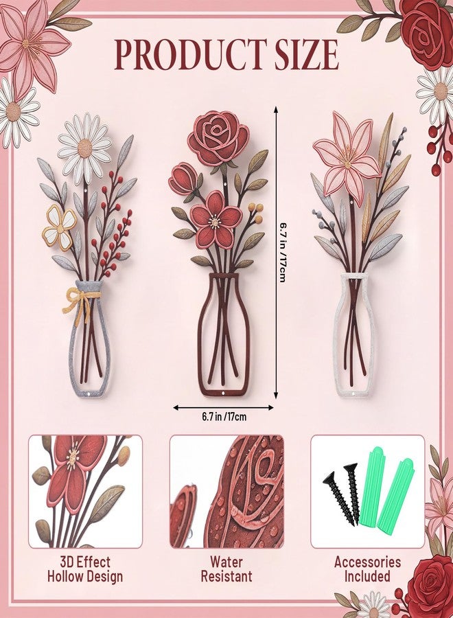Pelopy 3 Piece Metal Flower Wall Art Rustic Farmhouse Floral Decor for Living Room, Bedroom, Bathroom, Dining Room Boho Modern Minimalist Wall Hanging Sculptures Gifts Decoration - Image 2