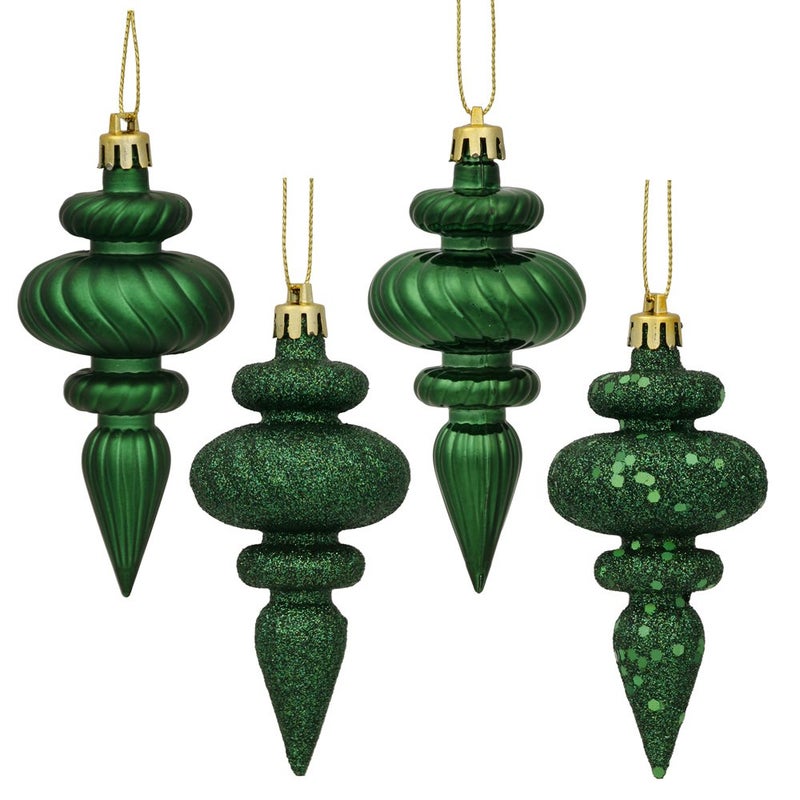 Vickerman Vickerman 4 4Finish Finial Ornament Shatterproof Plastic Christmas Tree Decoration 8 Pack Emerald Shiny Matte Glitter and Sequin Finishes