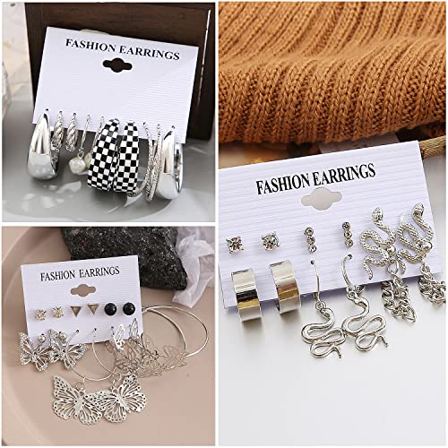 JMScape 37 Pairs Silver Hoop Earrings Set for Women Multipack Fashion Drop Dangle Earring Packs Pearl Studs Butterfly Earrings Hypoallergenic Chunky Hoops Jewelry for Valentine's Day Gifts - Image 5