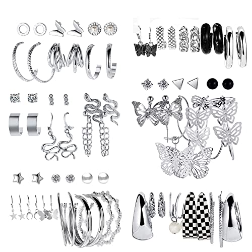 JMScape 37 Pairs Silver Hoop Earrings Set for Women Multipack Fashion Drop Dangle Earring Packs Pearl Studs Butterfly Earrings Hypoallergenic Chunky Hoops Jewelry for Valentine's Day Gifts - Image 1