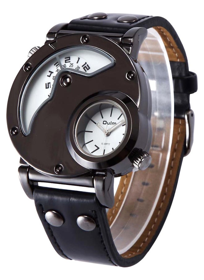 Oulm Men's Leather Analog Wrist Watch J3667W-KM - 42 mm - Black  - Image 3
