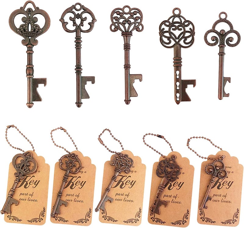 WODEGIFT 50pcs Skeleton Key Bottle OpenerBridal Shower Party FavorsSouvenirs for guests BulkWedding Party Favor Souvenirs Gift with Escort Tag Red copper