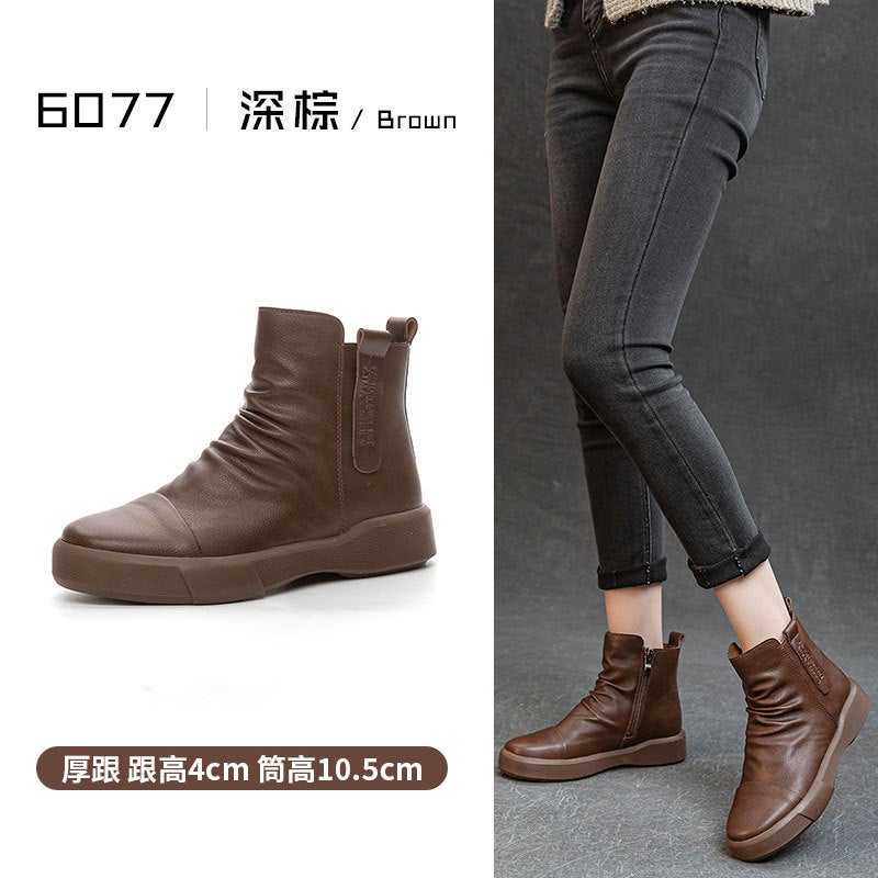 Vintage Plus Size Casual Short Boots Joker British Leather Martin Boots Round Head Thick Heel Thick Bottom Chelsea Boots - Image 1