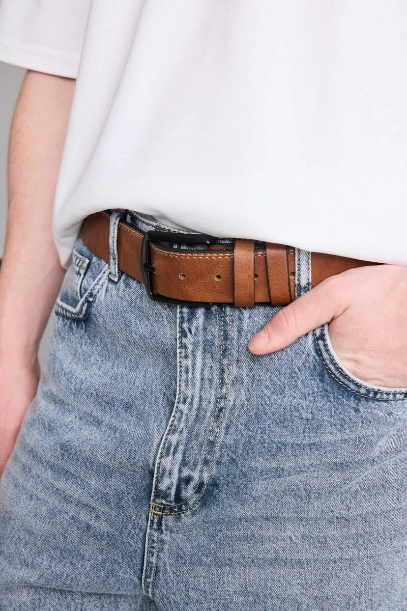 ديفاكتو Men's Faux Leather Rectangle Buckle Single Belt