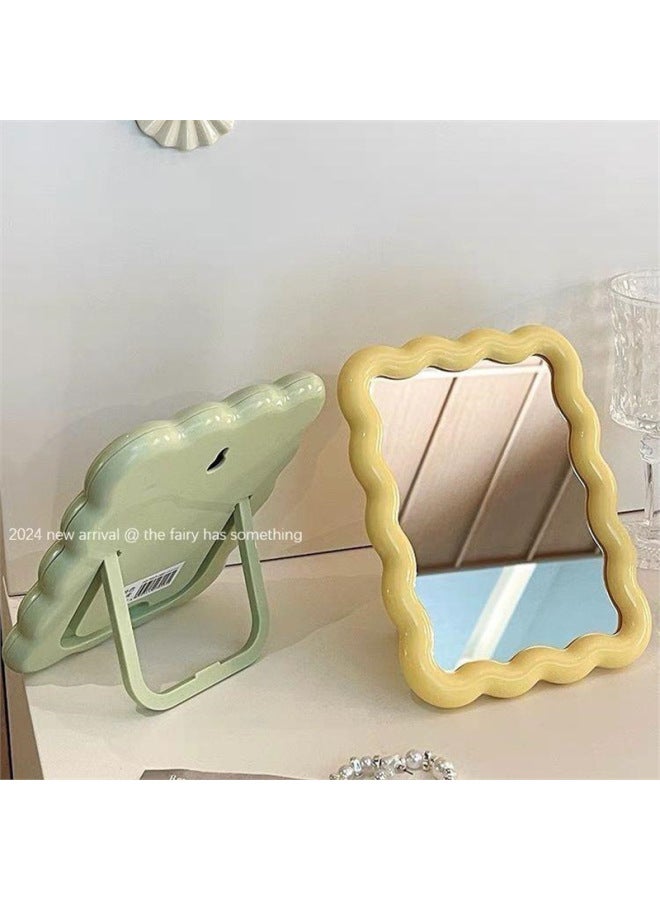 HD Folding Small Mirror Women's Dressing Table Desktop Uplintable Makeup Mirror Student Portable DIY Handheld-Color:Square Wavy Edge Can Be Hung On The Wall (cream Yellow)-Applicable Models:Standard  - Image 3