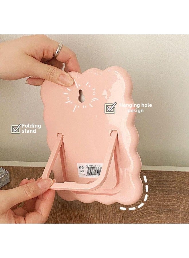 HD Folding Small Mirror Women's Dressing Table Desktop Uplintable Makeup Mirror Student Portable DIY Handheld-Color:Square Wavy Edge Can Be Hung On The Wall (cream Yellow)-Applicable Models:Standard  - Image 2