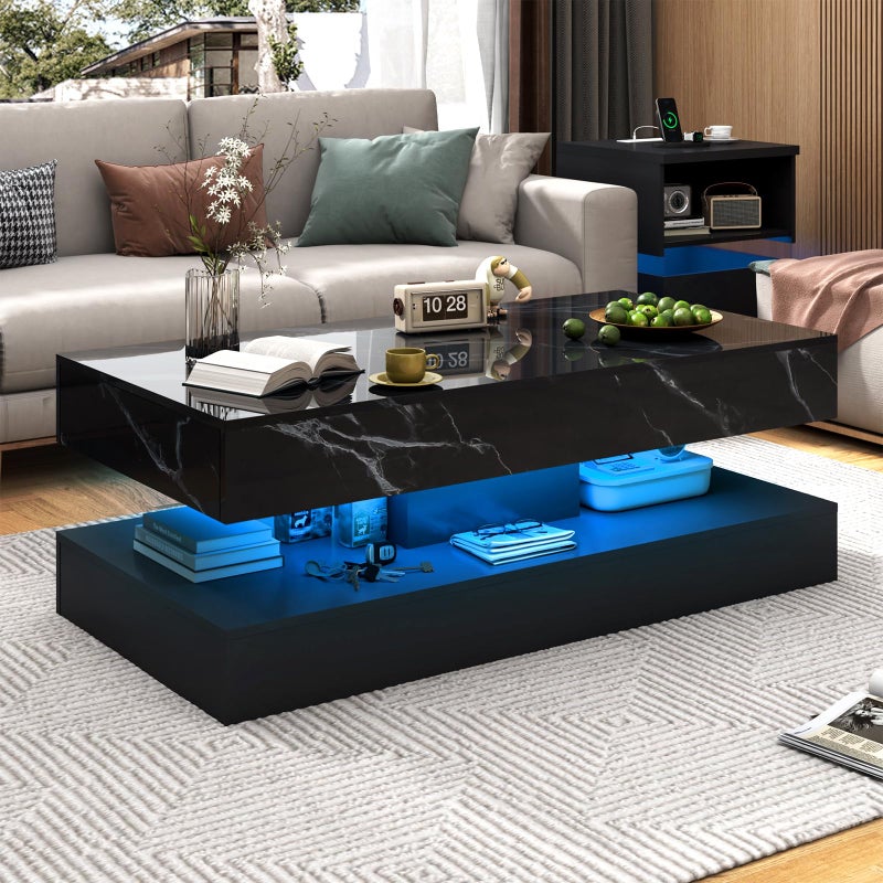 chartustriable 472 Large HighGlossy LED Coffee Table with 2 Sliding Drawers Living Room Storage Coffee Tables with Marbling Print Modern Stylish DoubleLayer Center Tables wLED Lights Black