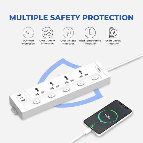EMBOX Extension Board with Type C Individual Switch, Spike Guard, 6 amp Universal Sockets, LED Indicator and Safety Shutter, 2 Meter Extension Cord- 2500 W - Image 2