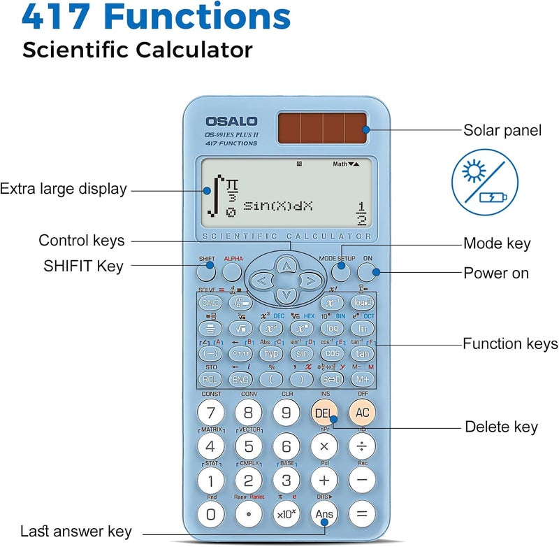 OSALO Scientific Calculator 417 Functions 2 Line Written Display Solar & Battery Power 10+2 Digits Calculators for School Students College Blue (OS-991ES Plus 2nd Edition) - Image 5