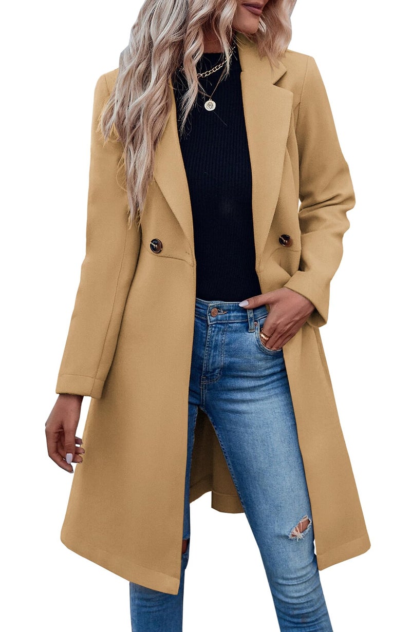 Fazortev Womens Pea Trench Coats Notched Lapel Double Breasted Belted Business Casual Jackets Outerwear - Image 1