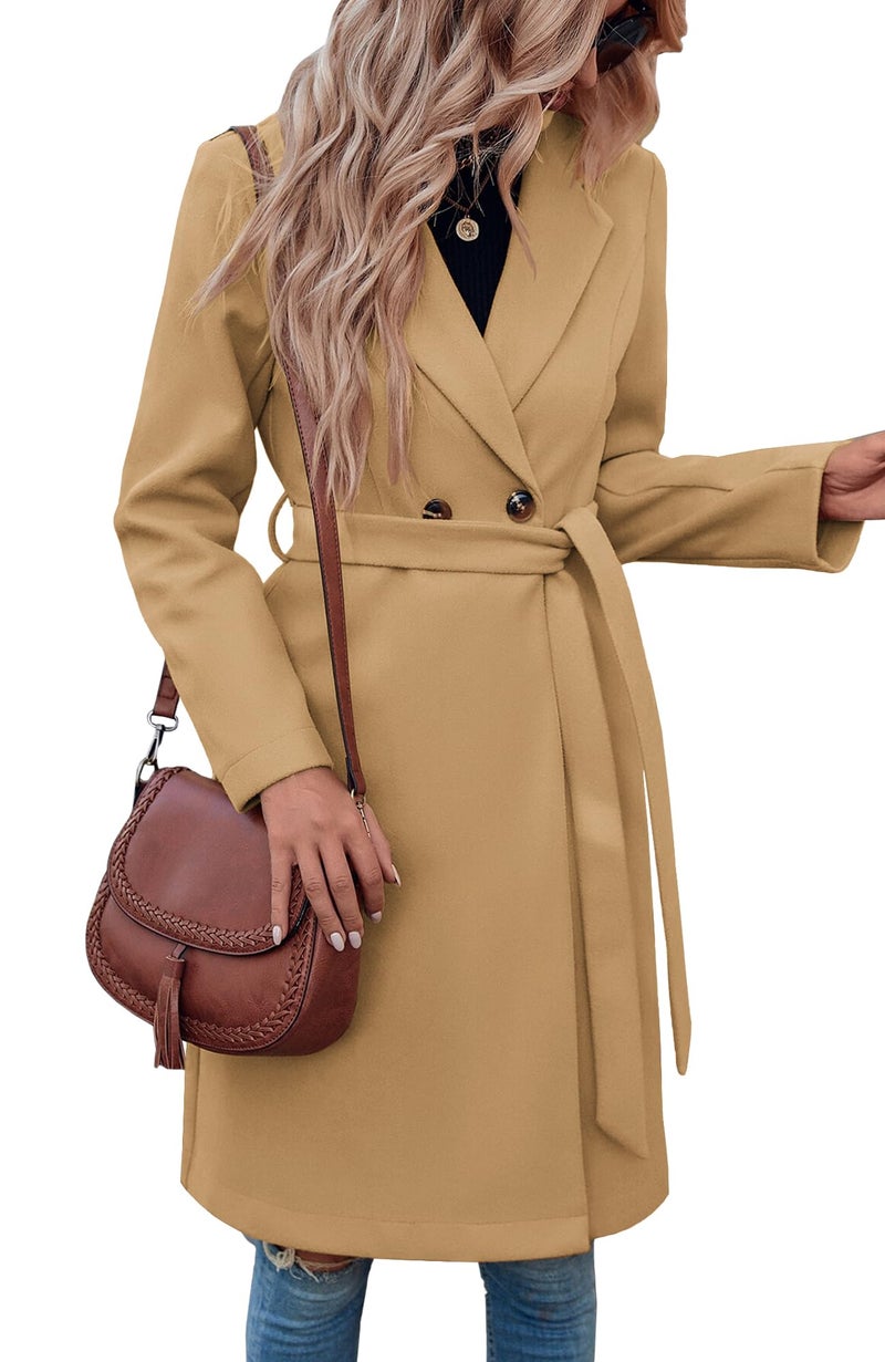 Fazortev Womens Pea Trench Coats Notched Lapel Double Breasted Belted Business Casual Jackets Outerwear - Image 2