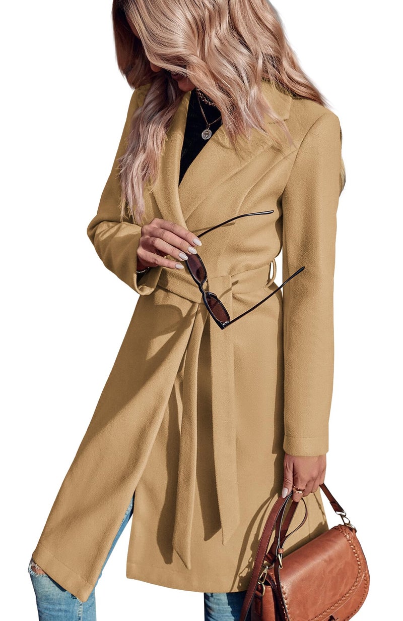 Fazortev Womens Pea Trench Coats Notched Lapel Double Breasted Belted Business Casual Jackets Outerwear - Image 3