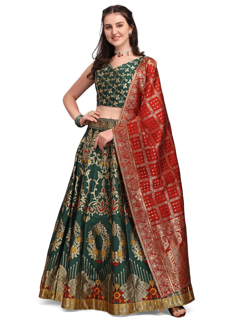 PURVAJA Women's Jacquard Semi-Stitched Lehenga choli (Amayra-D-Green_Green_Free Size) - Image 1