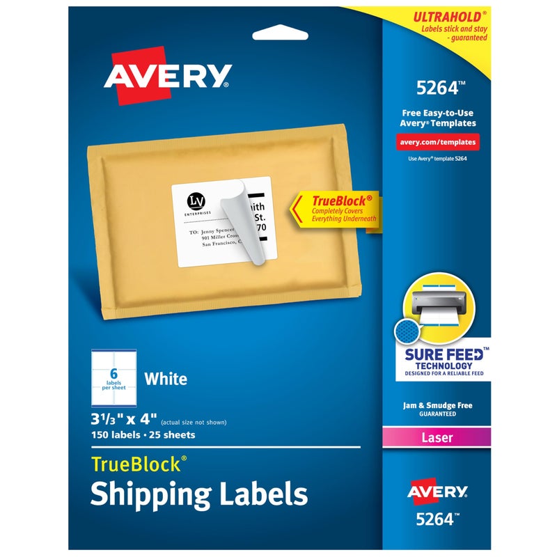 Avery Printable Shipping Labels with Sure Feed, 3-1/3" x 4", White, 150 Blank Mailing Labels (5264) - Image 1