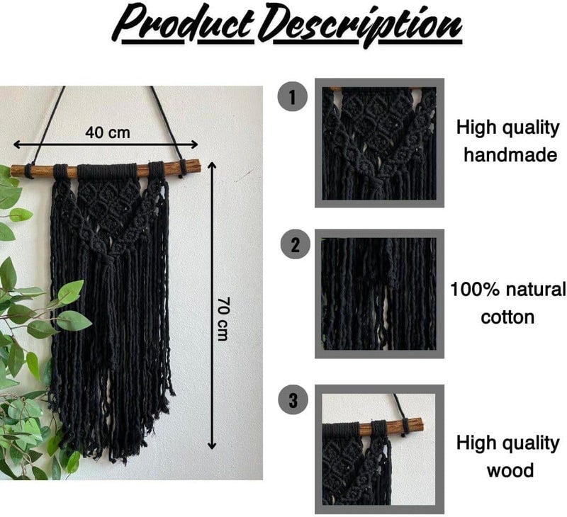 Handmade Macrame Wall Hanging, Black Cotton Woven Tapestry with Wooden Rod, 70x40 cm, Boho Home Decor for Living Room