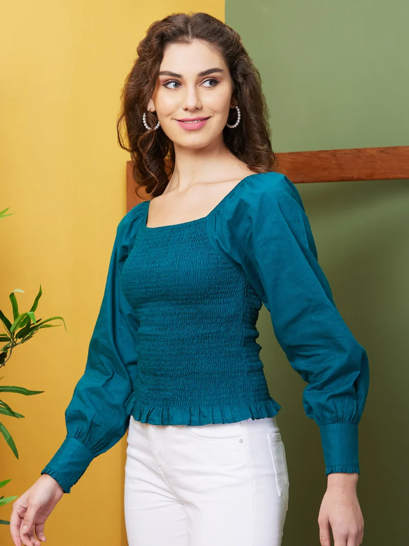 globus Women Green Smocking Opaque Cotton Casual Square Neck Top