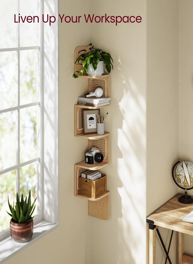 VASAGLE 5-Tier Corner Shelf, Wall Mounted Floating Shelf, Zigzag Corner Shelf Unit, PVC Rattan Sides, Space-Saving, for Kitchen, Living Room, Bedroom, Boho Style, Oak Beige ULLS582YC01S - Image 4