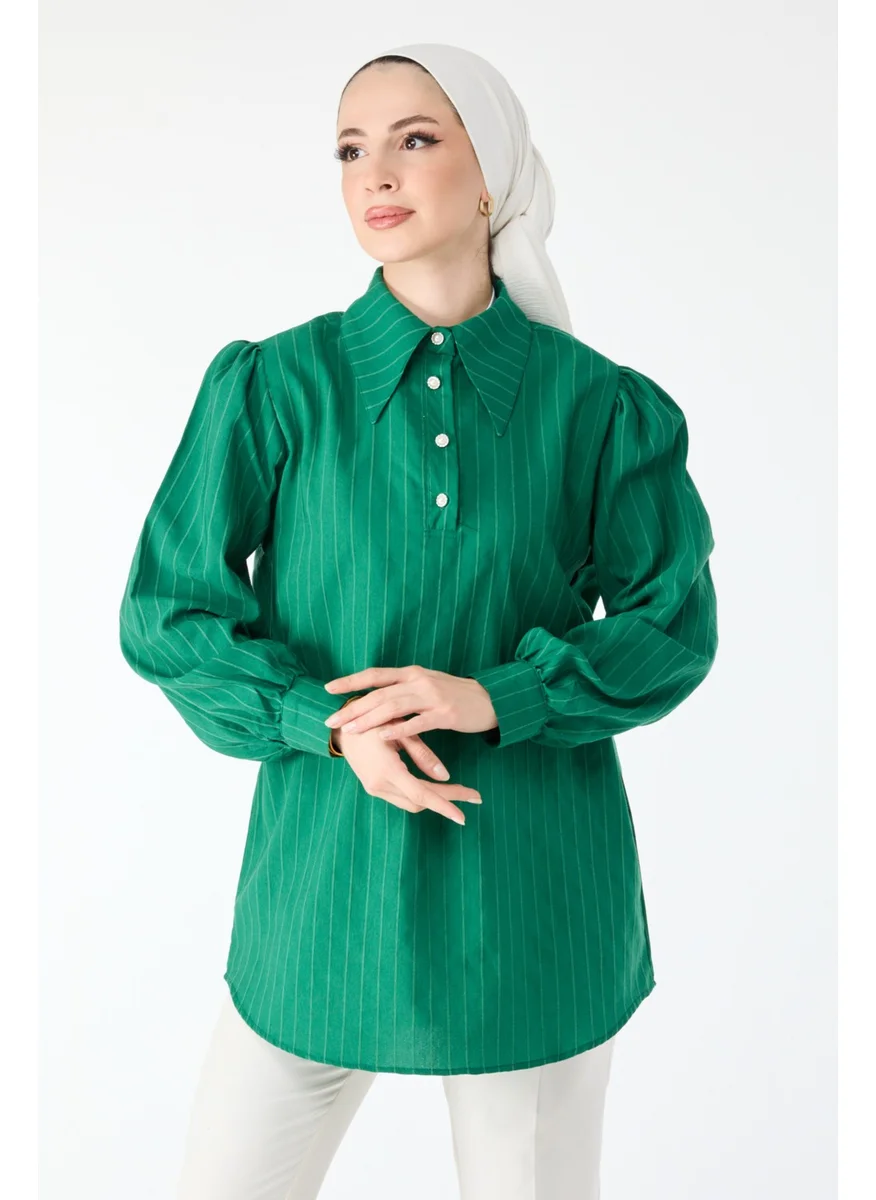 Tofisa 24426-GREEN Striped Detailed Long Sleeve Shirt