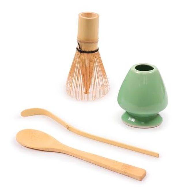 BambooMN Matcha Green Tea Whisk And Scoop 4 Piece Set - Soft Light Green Holder - 1 Set