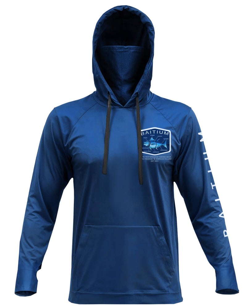 Baitium Fishing Shirt, Men's Long Sleeve, Hooded Bluefin, UPF50, Recycled Polyester-Small - Image 1