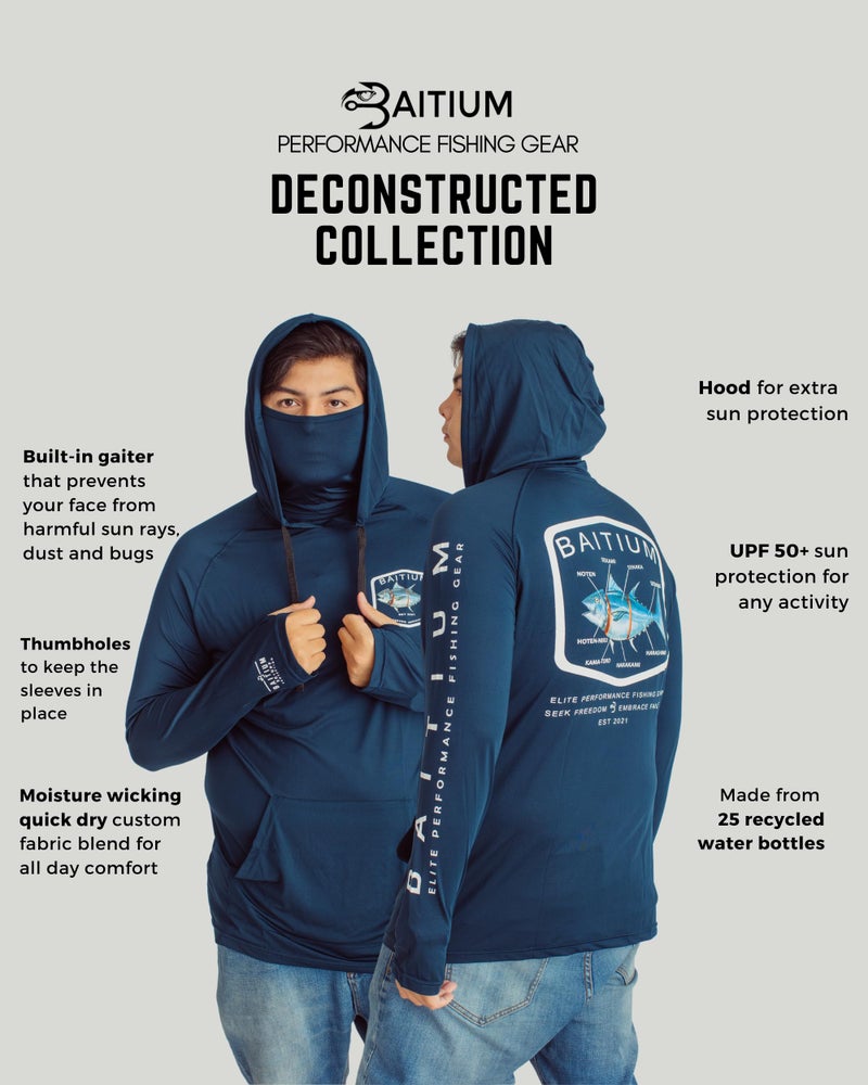 Baitium Fishing Shirt, Men's Long Sleeve, Hooded Bluefin, UPF50, Recycled Polyester-Small - Image 4