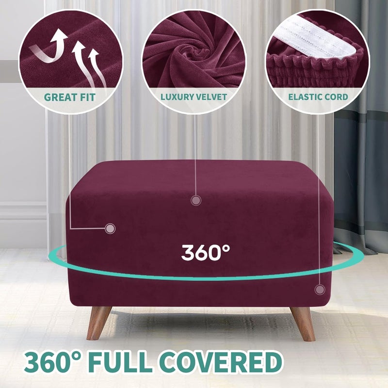 MAXIJIN Velvet Ottoman Cover Rectangular Stretch Square Ottoman Covers Slipcover Rectangle Washable Foot Stool Cover Thick Storage Protector with Elastic Bottom (Ottoman Small, Wine Red) - Image 4