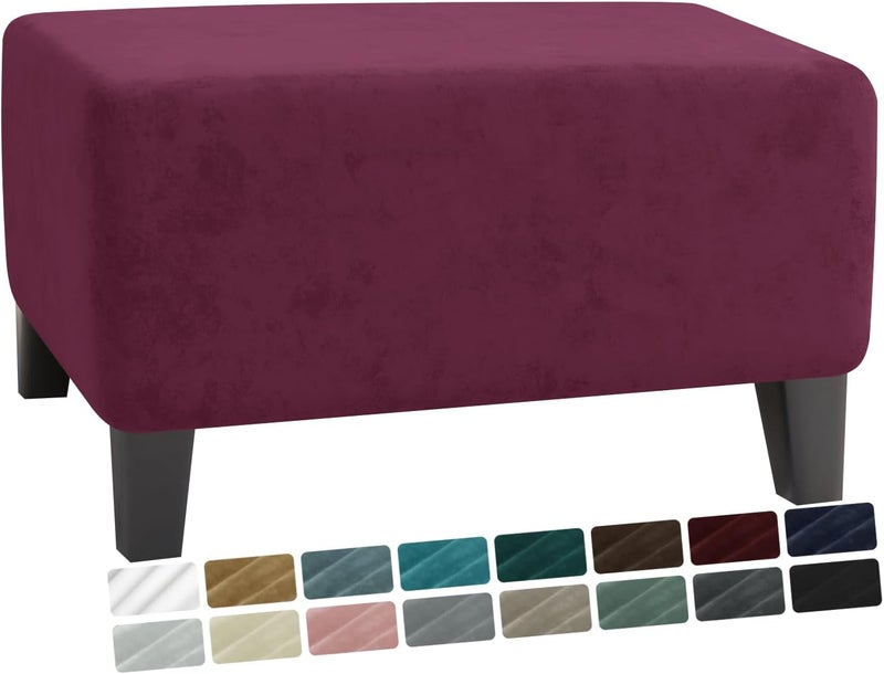 MAXIJIN Velvet Ottoman Cover Rectangular Stretch Square Ottoman Covers Slipcover Rectangle Washable Foot Stool Cover Thick Storage Protector with Elastic Bottom (Ottoman Small, Wine Red) - Image 1