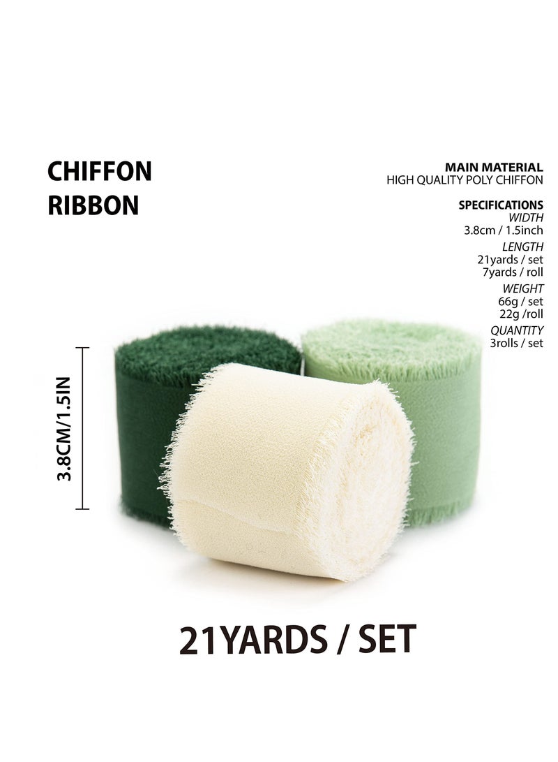3 Rolls Handmade Fringe Chiffon Ribbon, 4cm x 5m Silk-Like Ribbon Cream Green Ribbons Set for Wedding Invitations, Bridal Bouquets, Gifts Wrapping, DIY Crafts - Image 2
