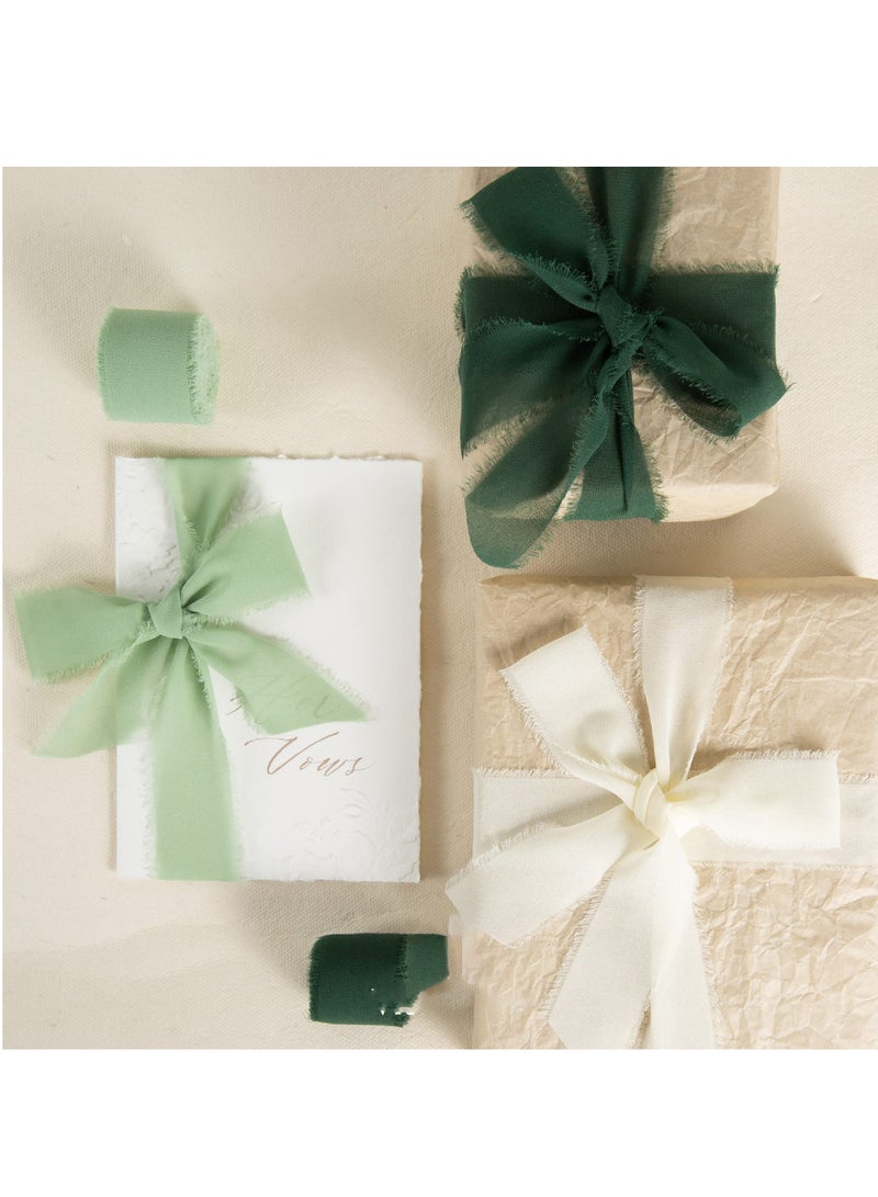 3 Rolls Handmade Fringe Chiffon Ribbon, 4cm x 5m Silk-Like Ribbon Cream Green Ribbons Set for Wedding Invitations, Bridal Bouquets, Gifts Wrapping, DIY Crafts - Image 3