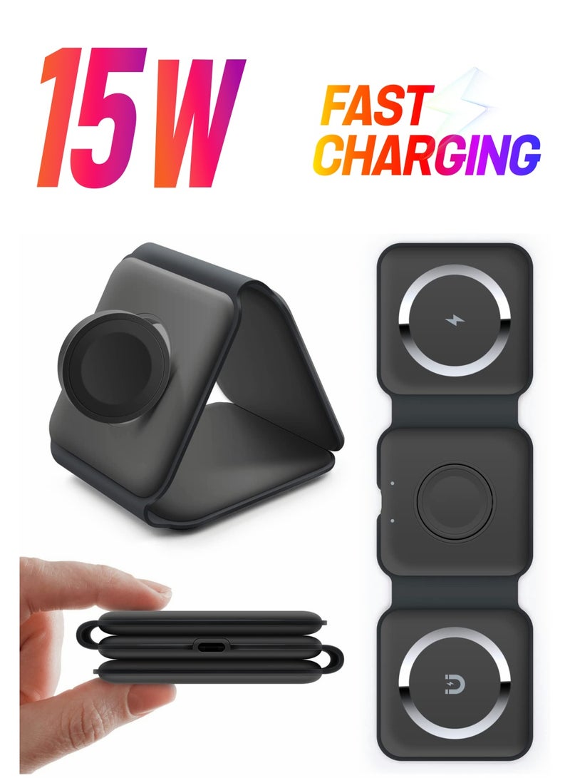 Excefore Wireless Charging, 3 in 1 Wireless Charger,Wireless Magnetic Fast Charging Foldable Dock station Charger for iPhone 13/12/11/8/Pro/Max,for iWatch,forAirPods 3/2/Pro and for Samsung  - Image 1