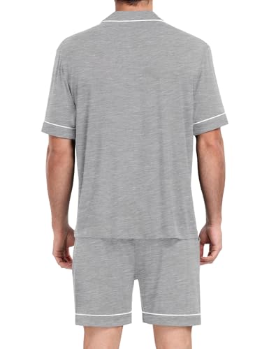 YOPUGEE Mens Pajamas Set Short Sleeve Sleepwear Summer Pjs Button Down Pijamas Set Modal 2PCS Pj Set with Pockets, Light Grey-3XL - Image 2