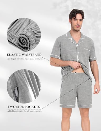 YOPUGEE Mens Pajamas Set Short Sleeve Sleepwear Summer Pjs Button Down Pijamas Set Modal 2PCS Pj Set with Pockets, Light Grey-3XL - Image 4