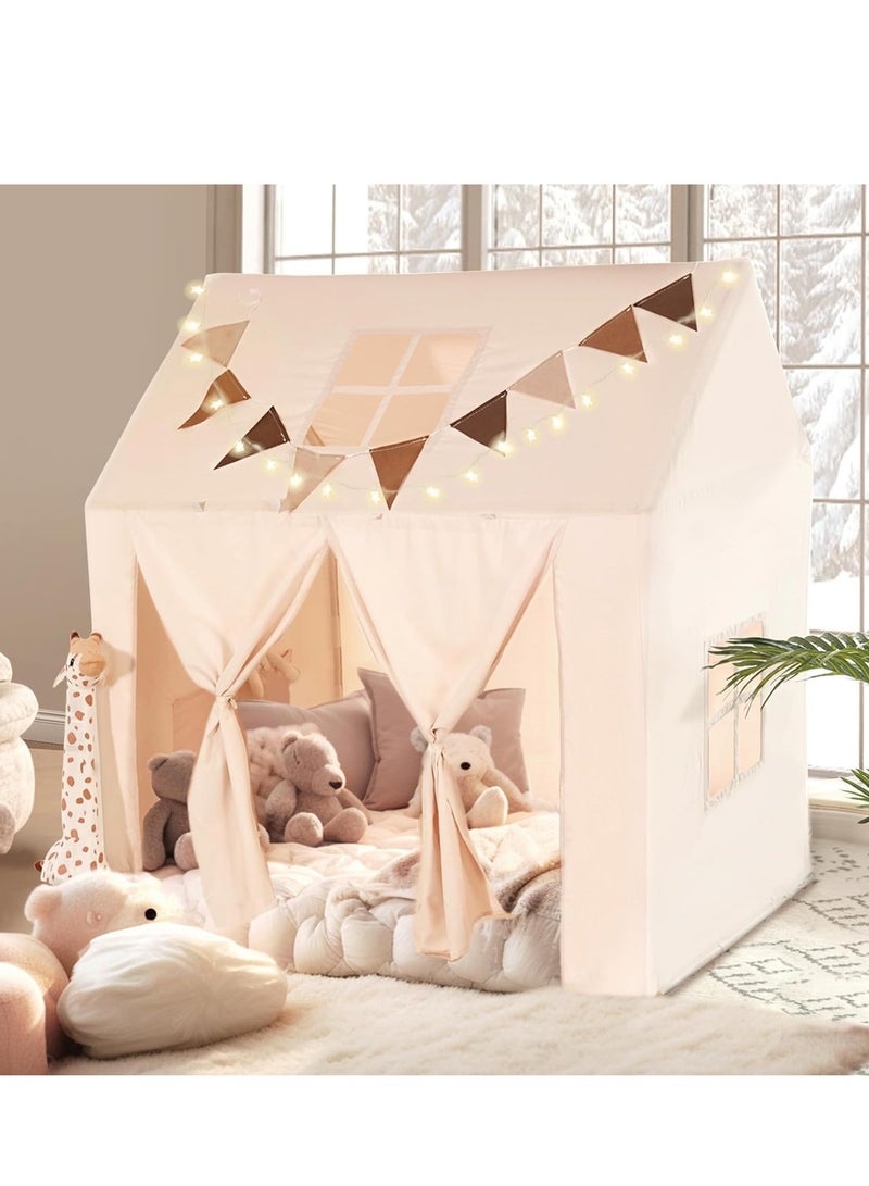 XICEN Kids Play Tent with Mat, Star Light and Flags Banners, Large Playhouse with Windows and Roll Up Doors, Suitable for Kids' Bedroom, Living Room, Outdoor and Indoor  - Image 1