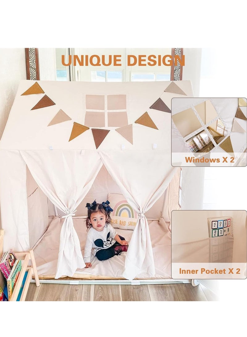 XICEN Kids Play Tent with Mat, Star Light and Flags Banners, Large Playhouse with Windows and Roll Up Doors, Suitable for Kids' Bedroom, Living Room, Outdoor and Indoor  - Image 3