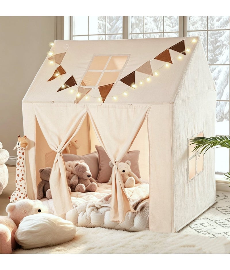 XICEN Kids Play Tent with Mat, Star Light and Flags Banners, Large Playhouse with Windows and Roll Up Doors, Suitable for Kids' Bedroom, Living Room, Outdoor and Indoor - Image 1